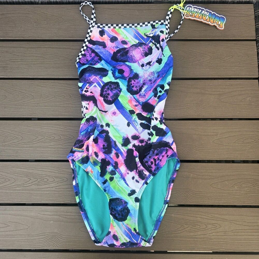 TYR The Finals Womens Rainbow Blob Swimsuit Flutterback Size 28 New